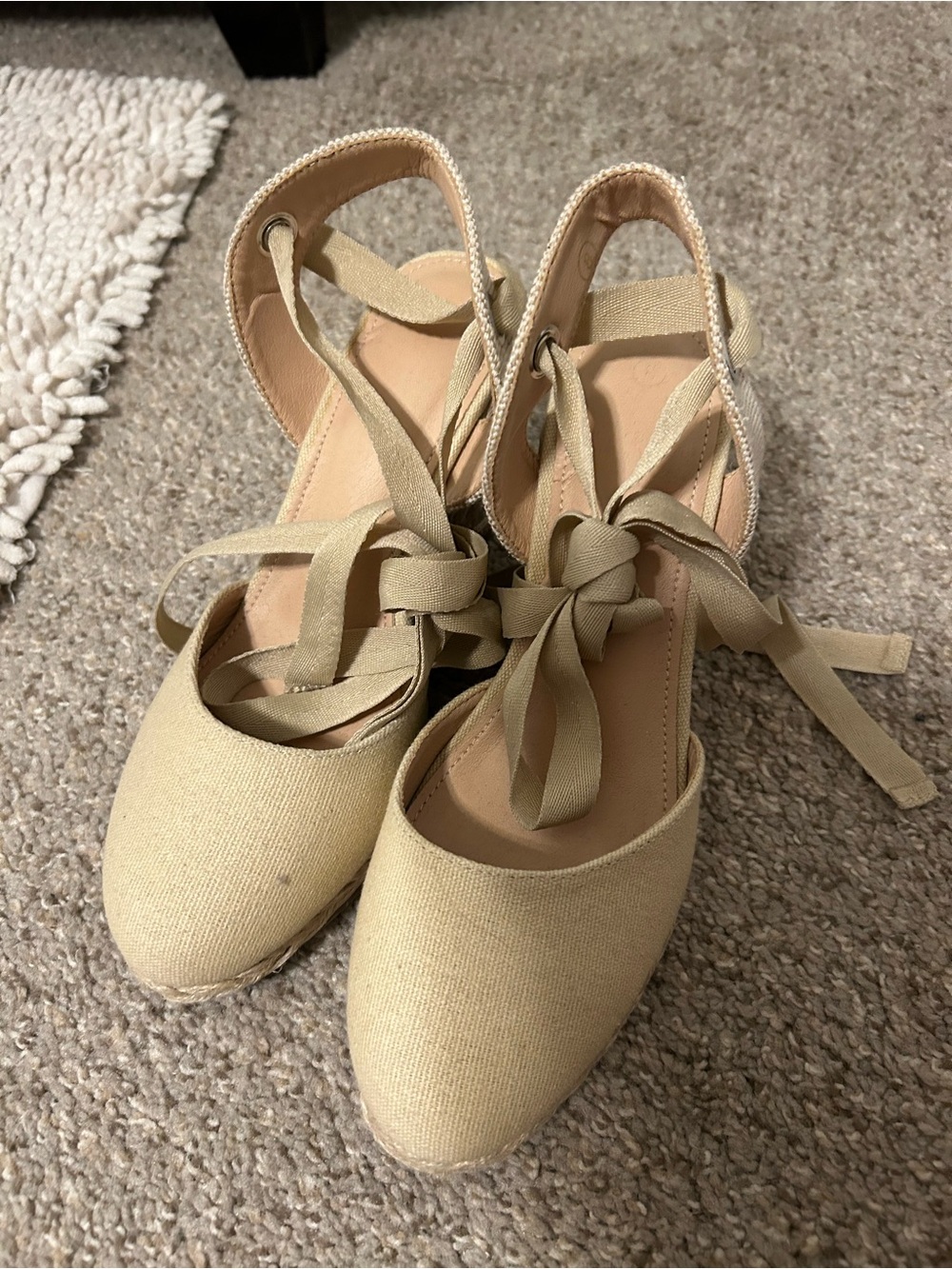 Beige Espadrille Tie-Ankle Wedge 3" Heels - Women size 8M